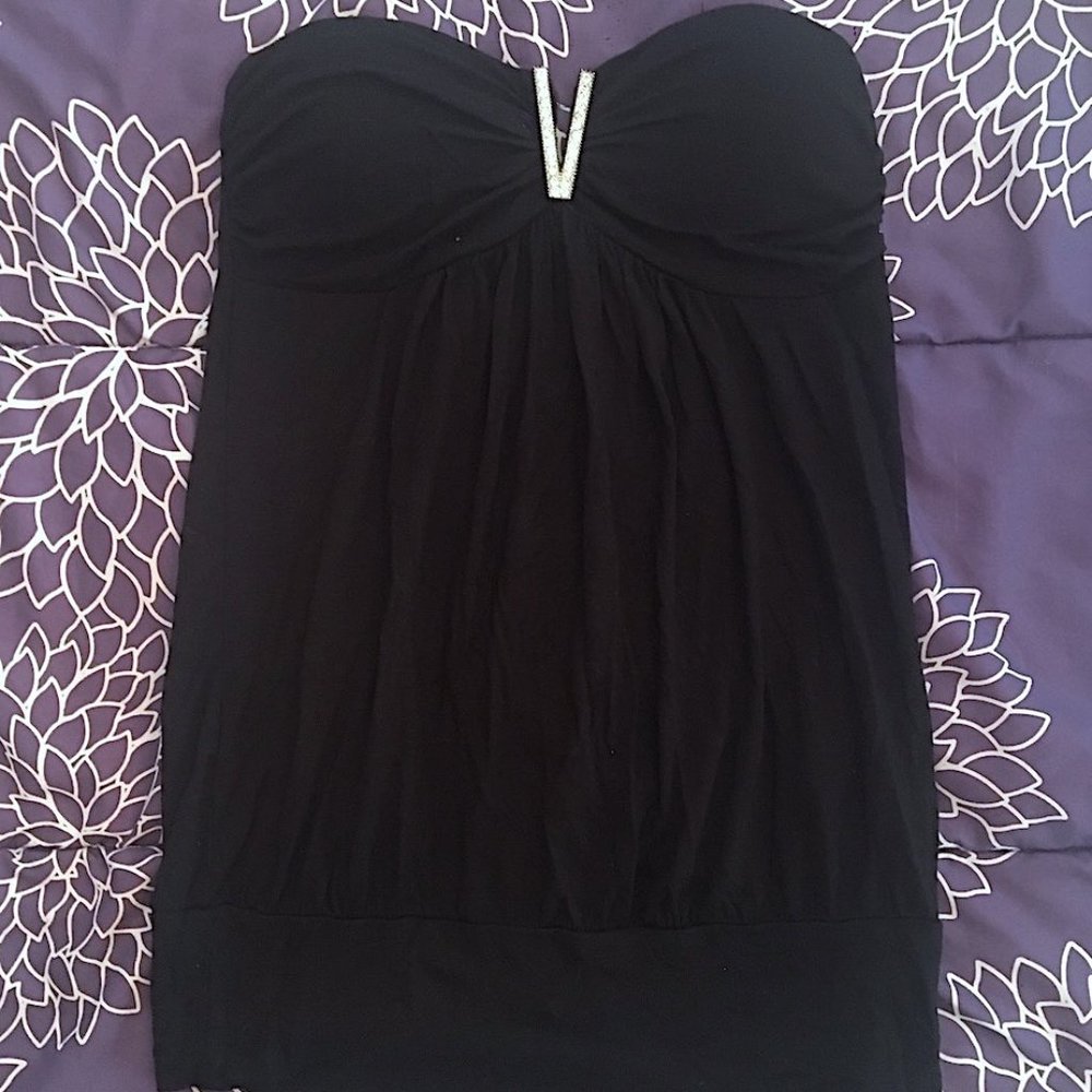 MANDEE V RHINESTONE EMBLEM BLACK STRAPLESS BLOUSE TOP MEDIUM